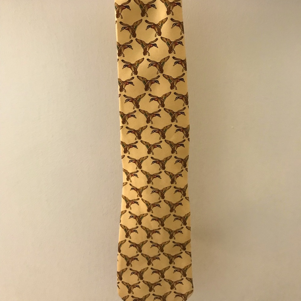 Silk tie with landing Mallard ducks.